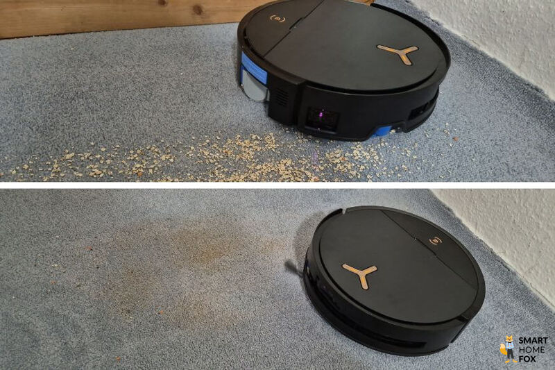 Die Saugkraft des X11 wird im Test an Teppich gemessen und saugt sand vom Teppichboden auf - 19.500 Pascal Saugleistung.